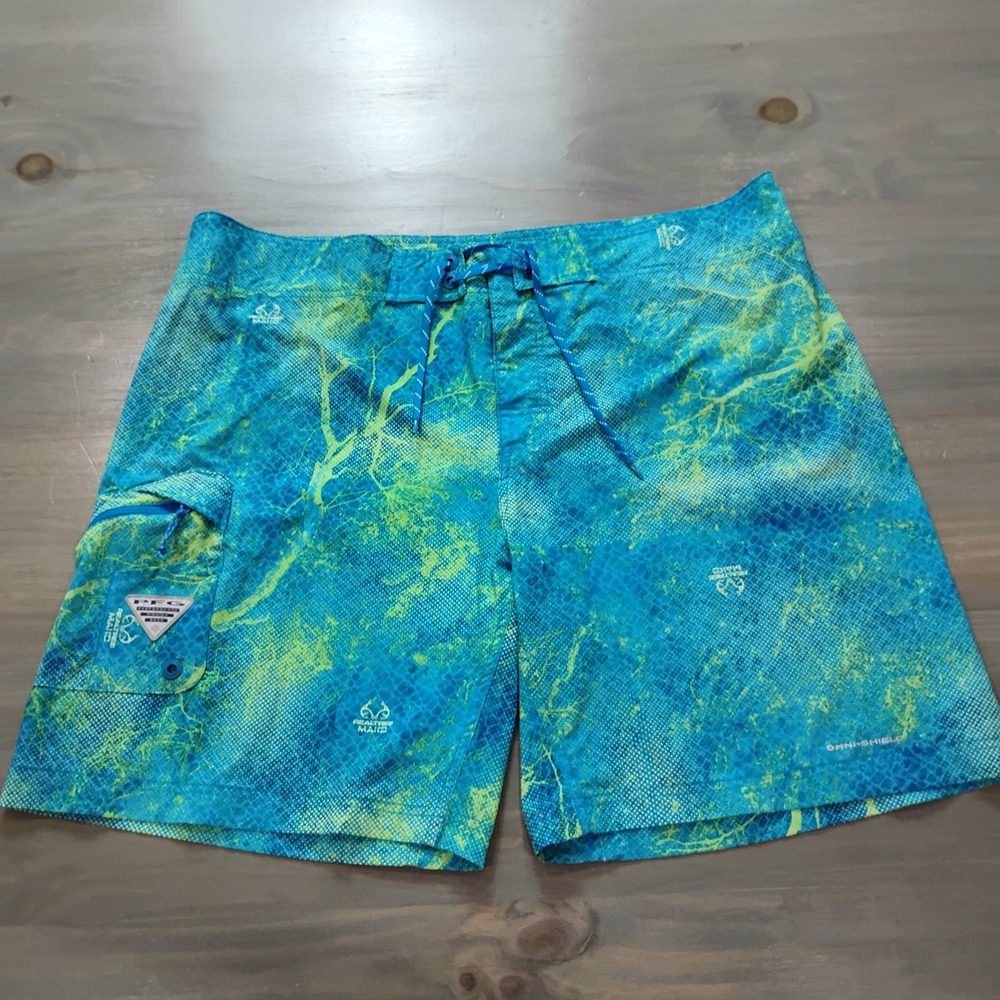 Columbia PFG Real Tree Mako Board Shorts Swim Mens Size 42 Blue Green Tie Front
